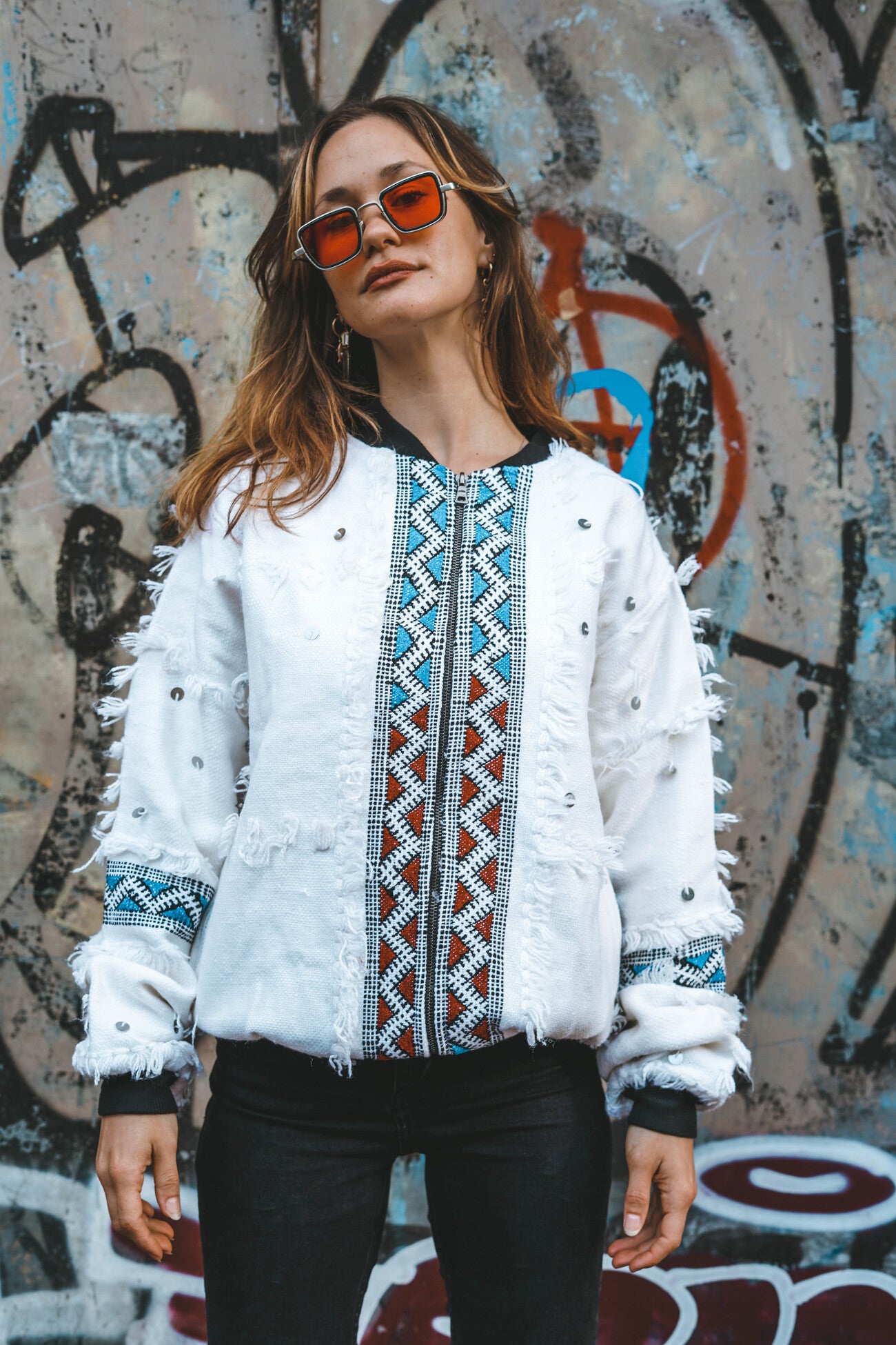 La Blanca - Unisex Bomber Jacket - Upcycled Berber Rug - Sustainable Clothing