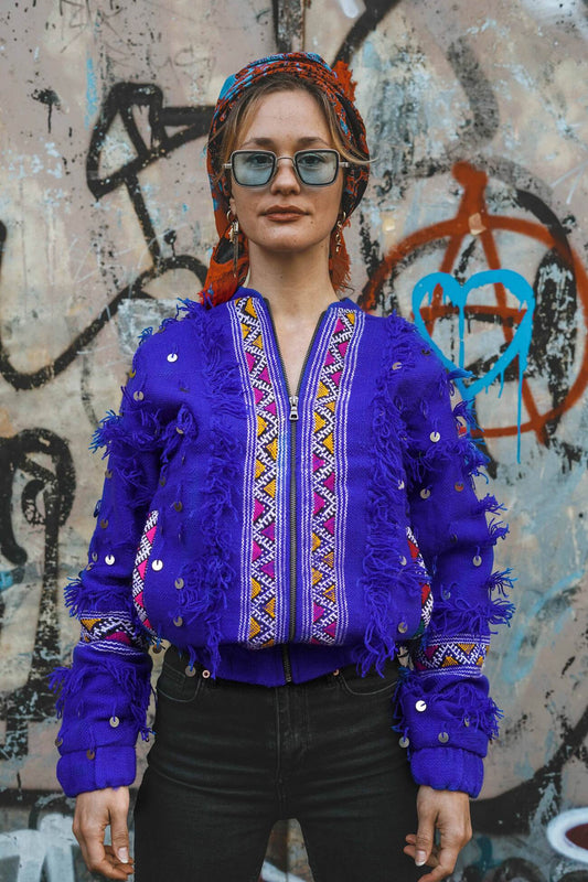 La Majorelle -  Unisex Bomber Jacket - Upcycled Berber Rug - Sustainable Clothing