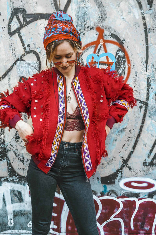 La Roja - Unisex Bomber Jacket - Upcycled Berber Rug - Sustainable Clothing