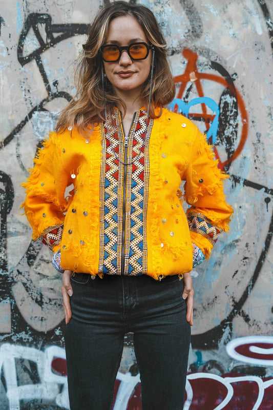 Shams I - Unisex Bomber Jacket - Upcycled Berber Rug - Sustainable Clothing